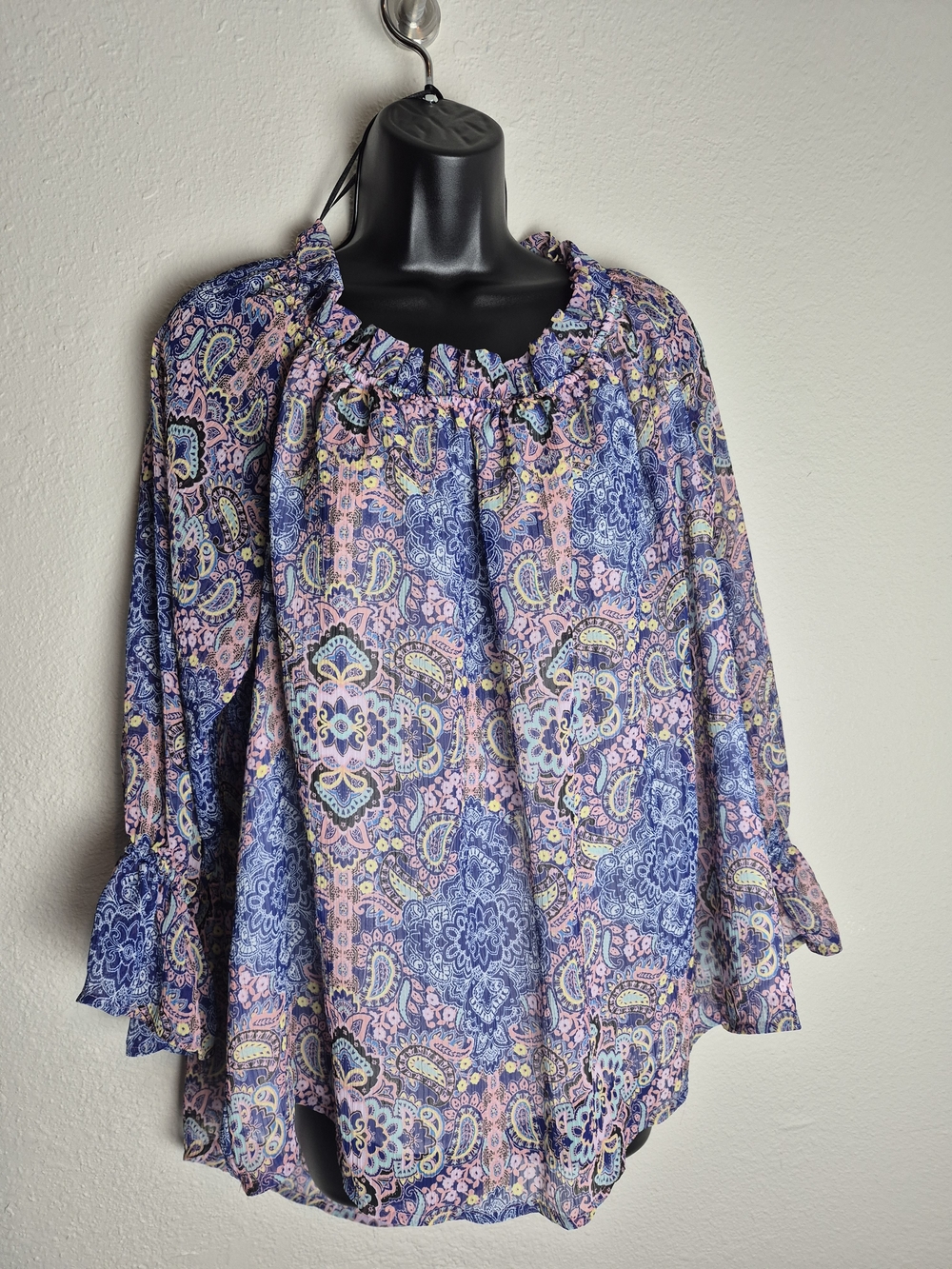 Boho Paisley Peasant Blouse in Blue and Pink. Size XXL